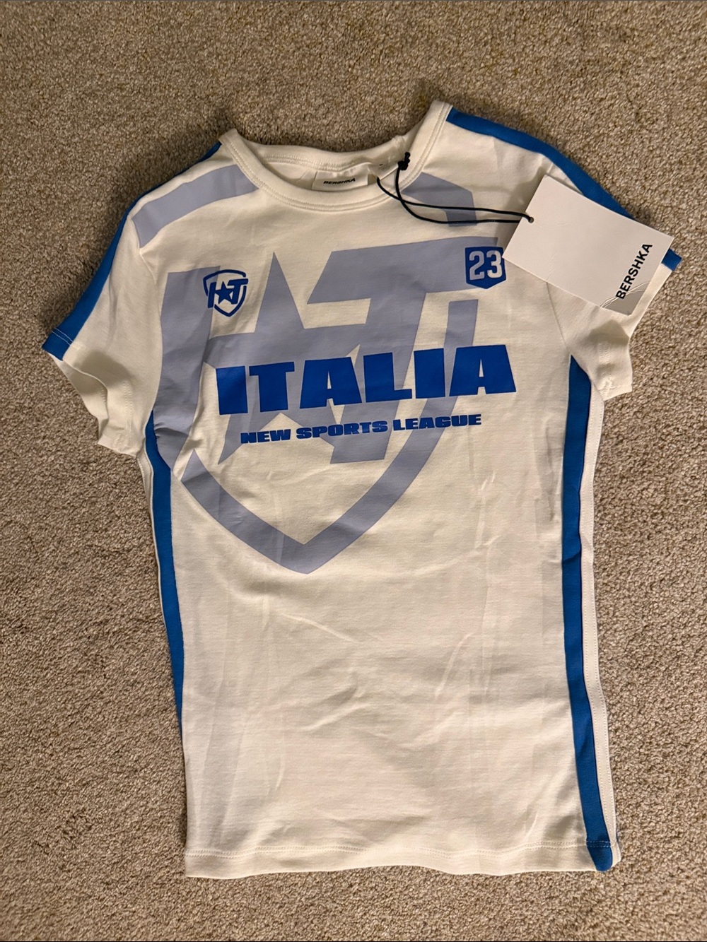 Bershka White T-Shirt with Blue 'Italia' Sport Print - Picture 3 of 6